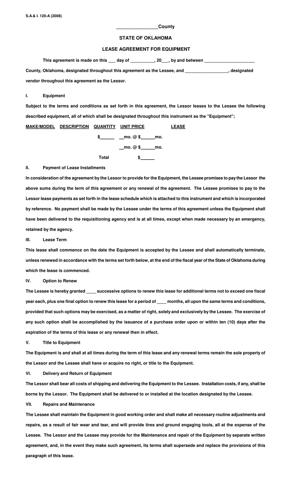 Form S.A. I.120-A Lease Agreement for Equipment - Oklahoma, Page 1