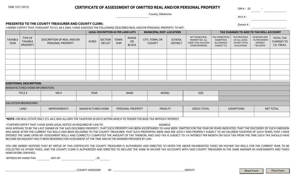 Form S.A. I.1231 Certificate of Assessment of Omitted Real and / or Personal Property - Oklahoma, Page 1