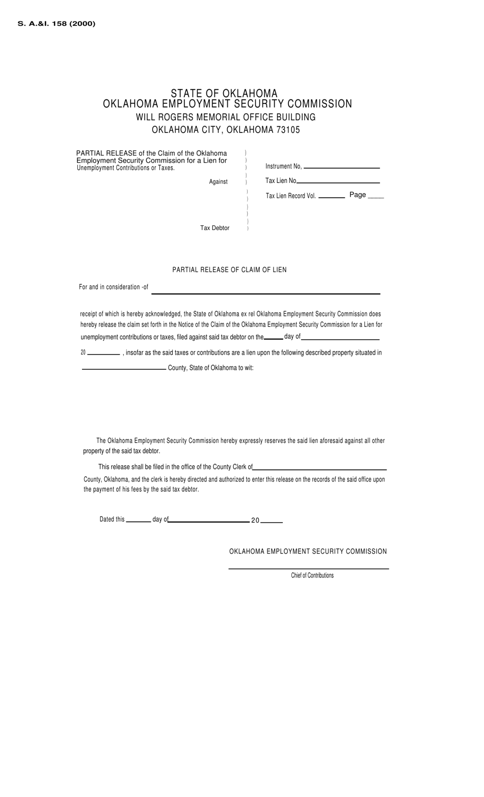 Form S.A. I.158 Partial Release of Claim of Lien - Oklahoma, Page 1