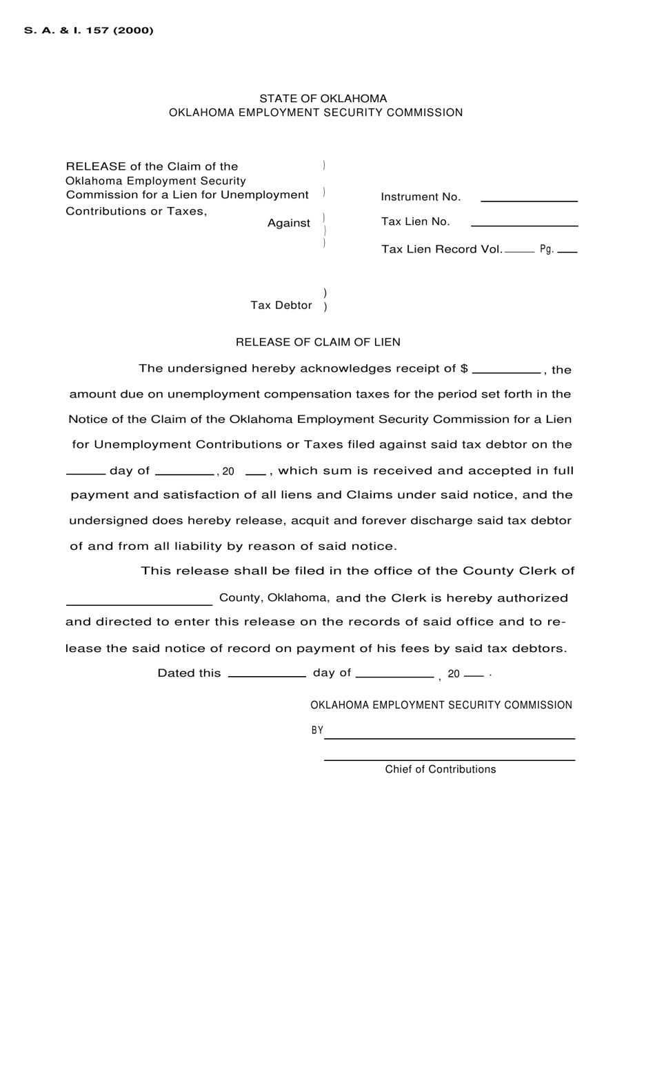Form S.A. I.157 Release of Claim of Lien - Oklahoma, Page 1