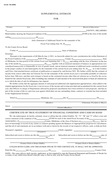 Form S.A.& I.150 Supplemental Estimate - Oklahoma