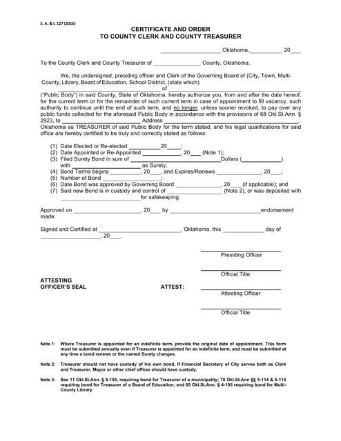 Form S.A.& I.127 Certificate and Order to County Clerk and County Treasurer - Oklahoma