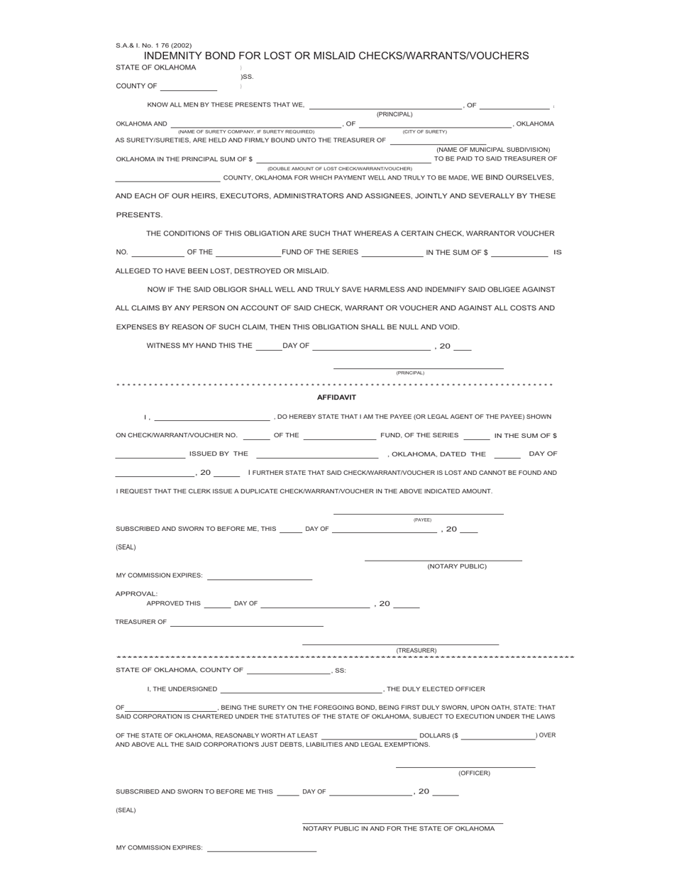 Form S.A. I.176 Indemnity Bond for Lost or Mislaid Checks / Warrants / Vouchers - Oklahoma, Page 1