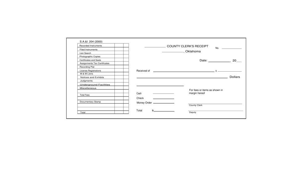 Form S.A. I.204 County Clerks Receipt - Oklahoma, Page 1