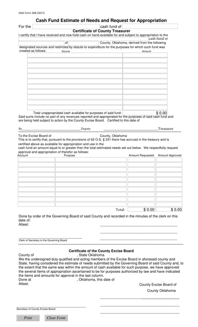OSAI Form 308 Cash Fund Estimate of Needs and Request for Appropriation - Oklahoma