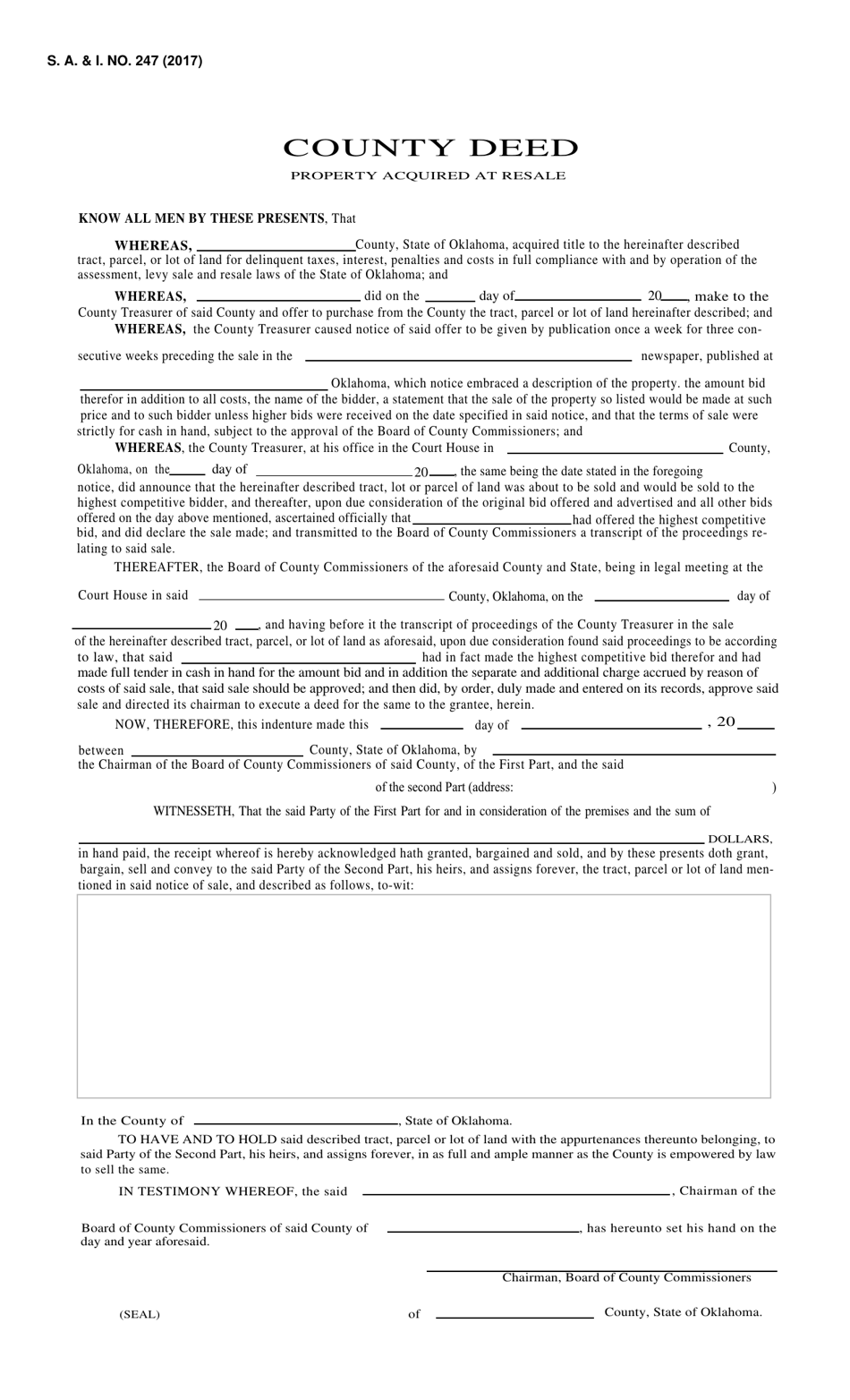 Form S.A. I.247 County Deed - Oklahoma, Page 1
