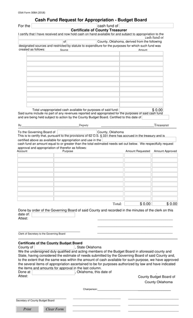 OSAI Form 308A Cash Fund Request for Appropriation - Budget Board - Oklahoma