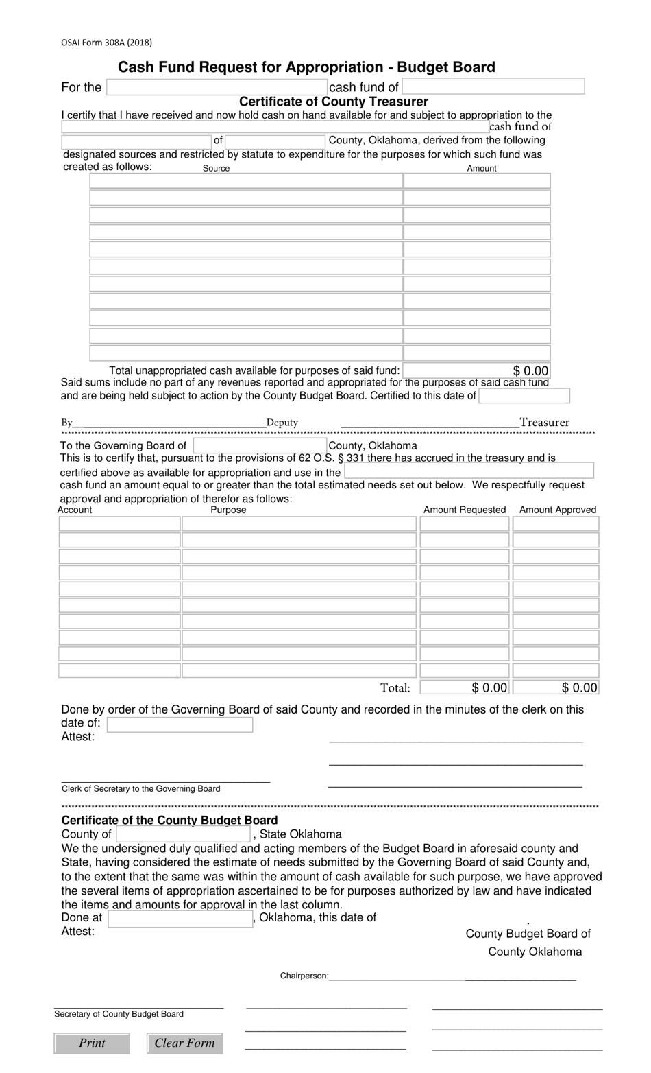 OSAI Form 308A Cash Fund Request for Appropriation - Budget Board - Oklahoma, Page 1