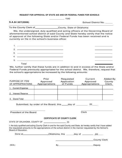 Form S.A.& I.307 Request for Approval of State Aid and/or Federal Funds for Schools - Oklahoma