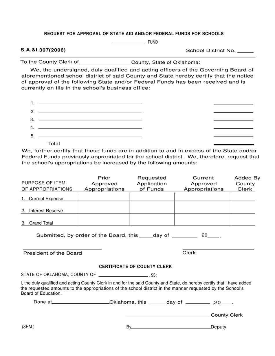 Form S.A. I.307 Request for Approval of State Aid and / or Federal Funds for Schools - Oklahoma, Page 1