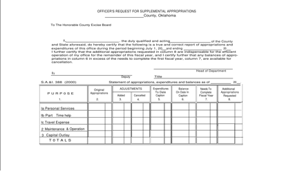 Document preview: Form S.A.& I.388 Officer's Request for Supplemental Appropriations - Oklahoma