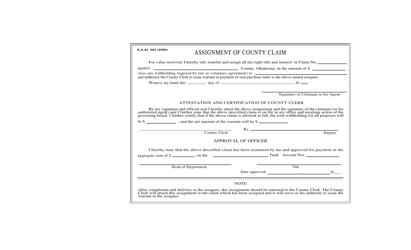 Document preview: Form S.A.& I.382 Assignment of County Claim - Oklahoma