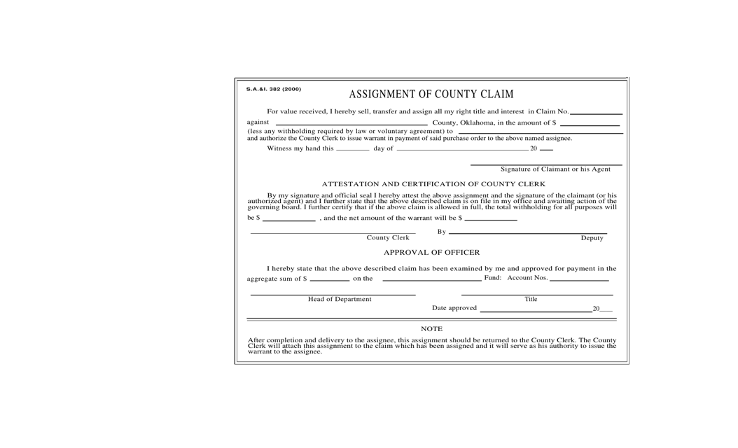 Form S.A.& I.382 Assignment of County Claim - Oklahoma