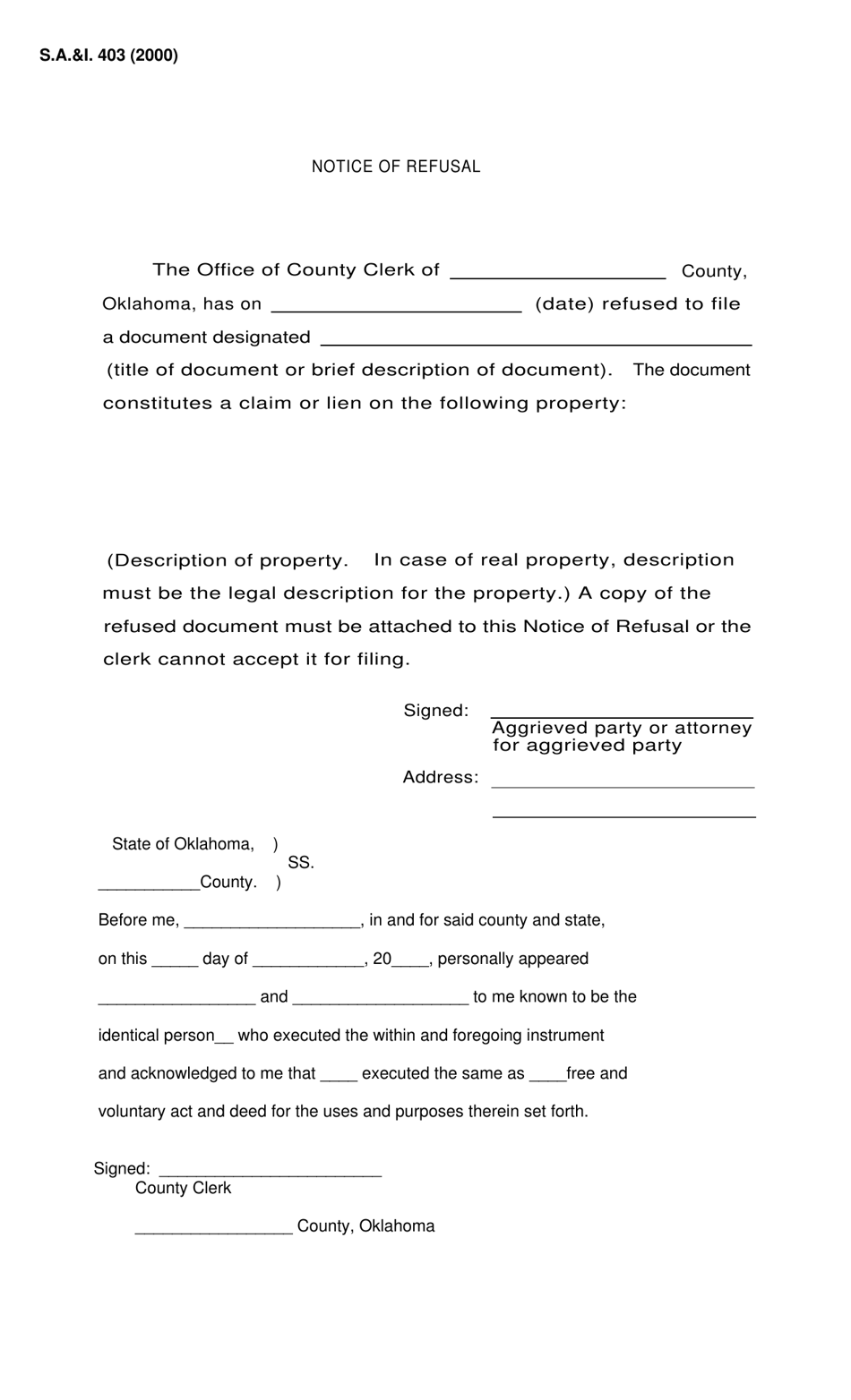 Form S.A. I.403 Notice of Refusal - Oklahoma, Page 1