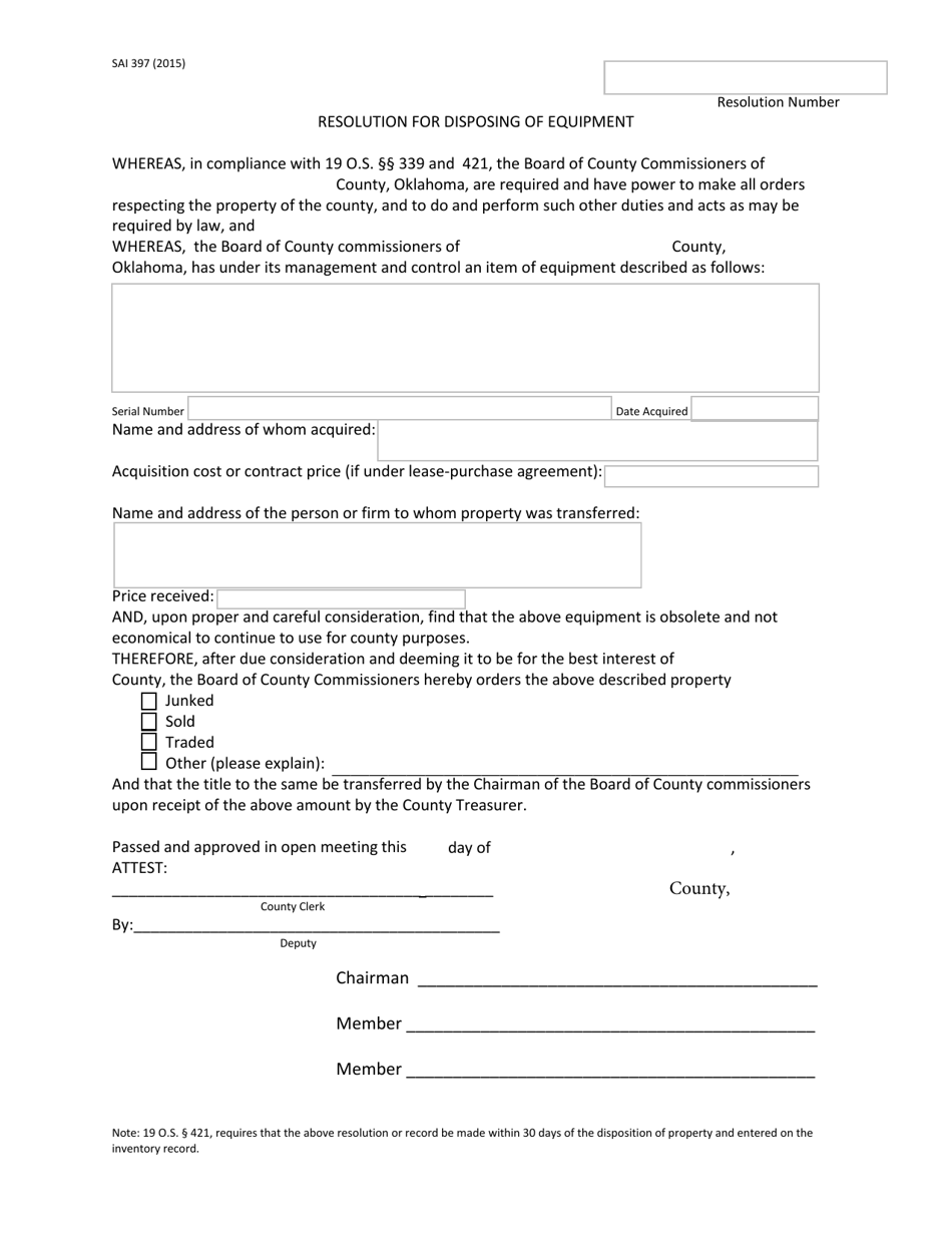OSAI Form 397 Resolution for Disposing of Equipment - Oklahoma, Page 1