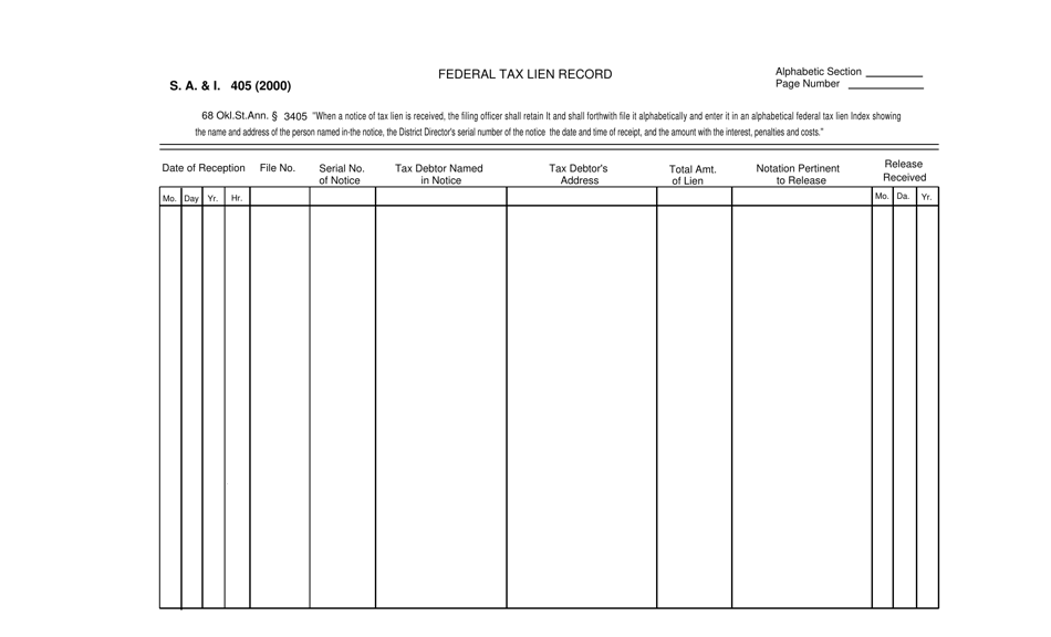 Form S.A. I.405 Federal Tax Lien Record - Oklahoma, Page 1