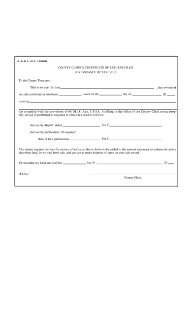 Form S.A.& I.413 County Clerk's Certificate of Returns Filed for Issuance of Tax Deed - Oklahoma