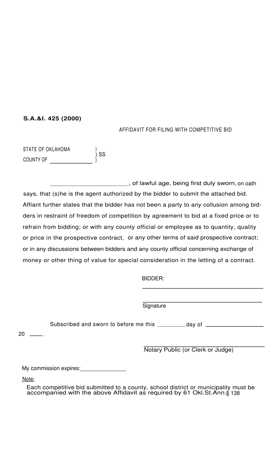Form S.A. I.425 Affidavit for Filing With Competitive Bid - Oklahoma, Page 1