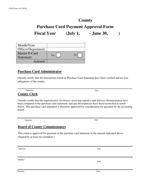 OSAI Form 432 Purchase Card Payment Approval Form - Oklahoma