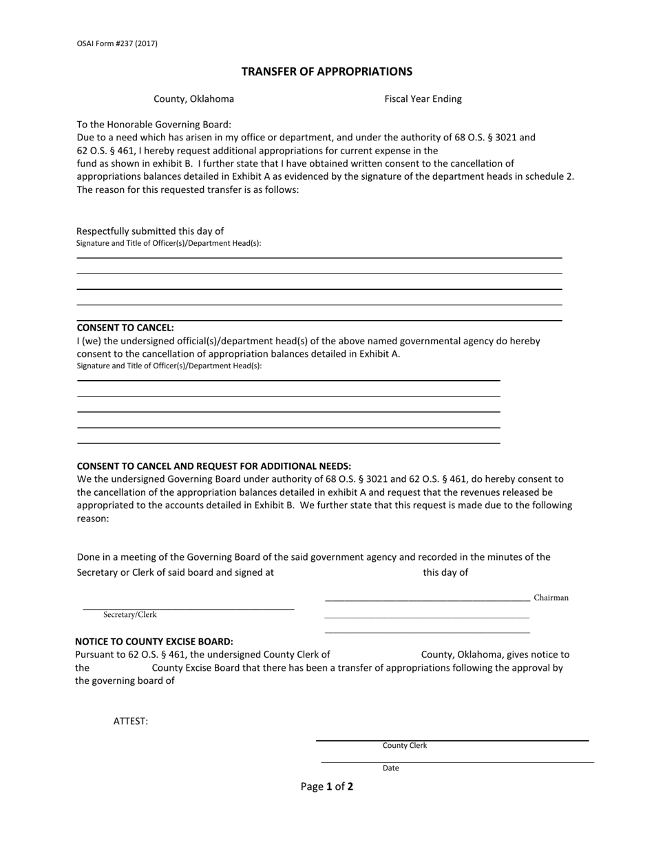 OSAI Form 237 Transfer of Appropriations - Oklahoma, Page 1