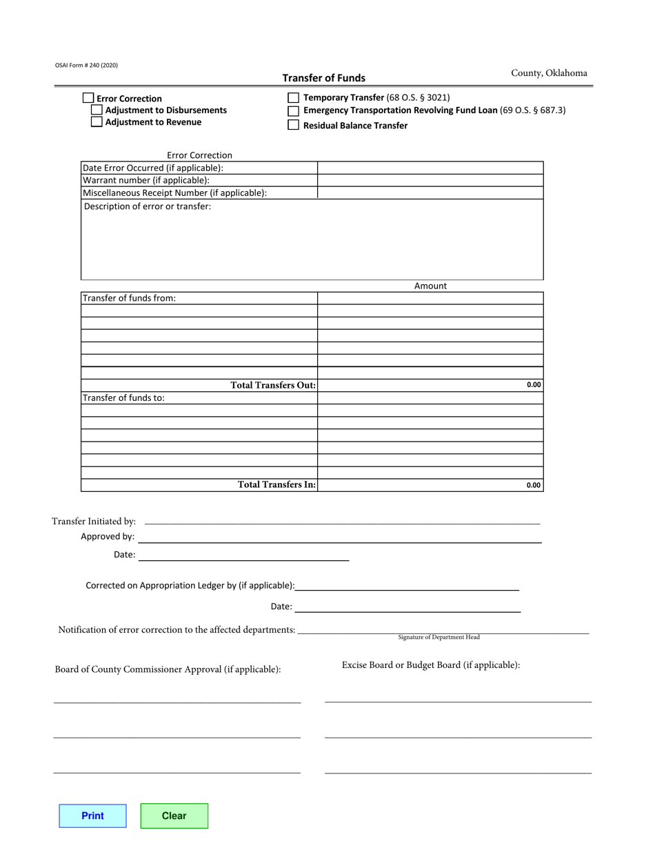 OSAI Form 240 Transfer of Funds - Oklahoma, Page 1