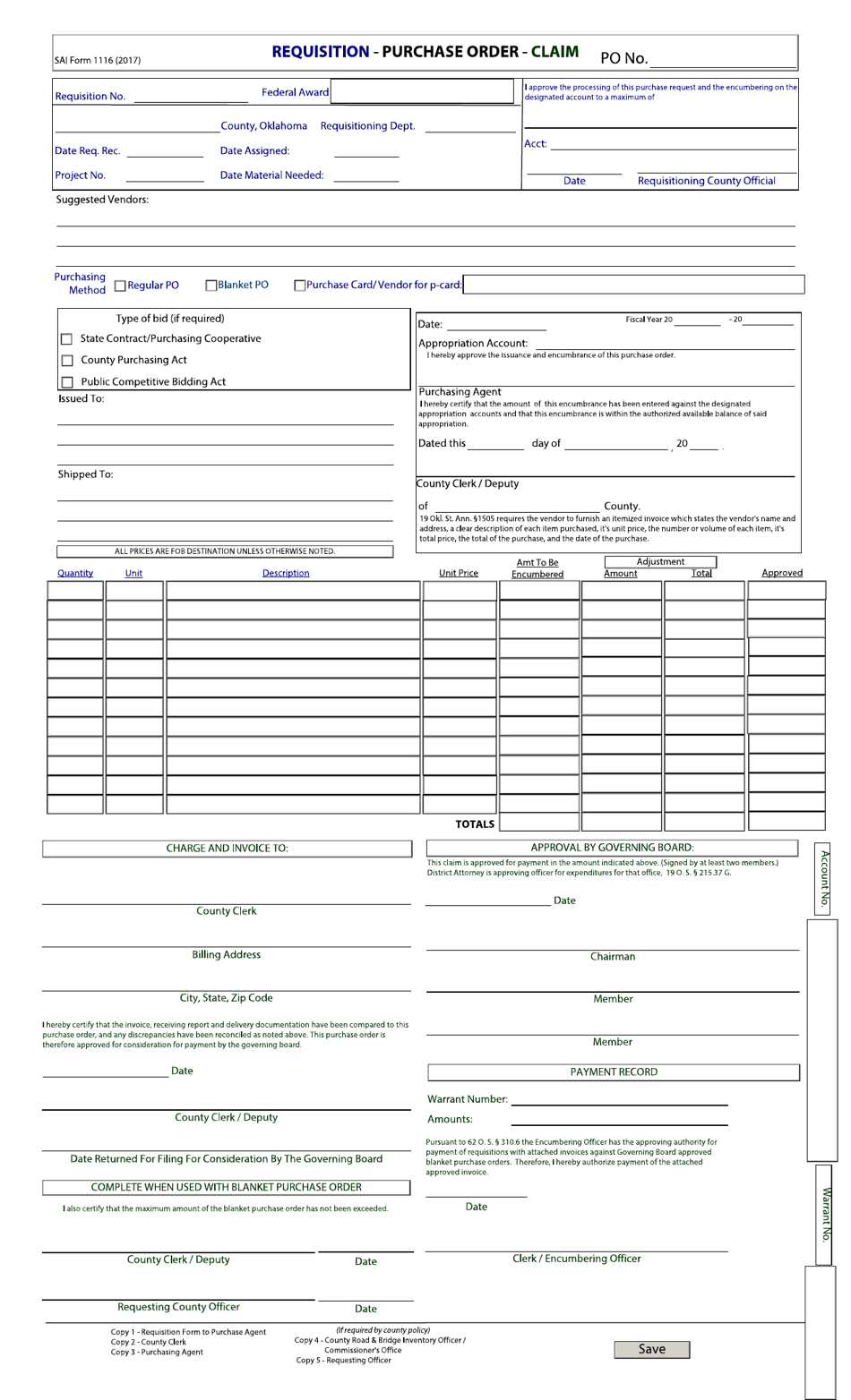 OSAI Form 1116 Requisition - Purchase Order - Claim - Oklahoma, Page 1