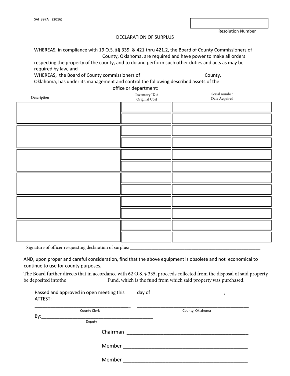 Form S.A. I.397A Declaration of Surplus - Oklahoma, Page 1