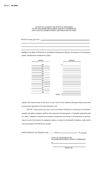 Form S.A.& I.156 Notice of Claim of the State of Oklahoma for a Lien for Unemployment Contributions or Taxes - Oklahoma