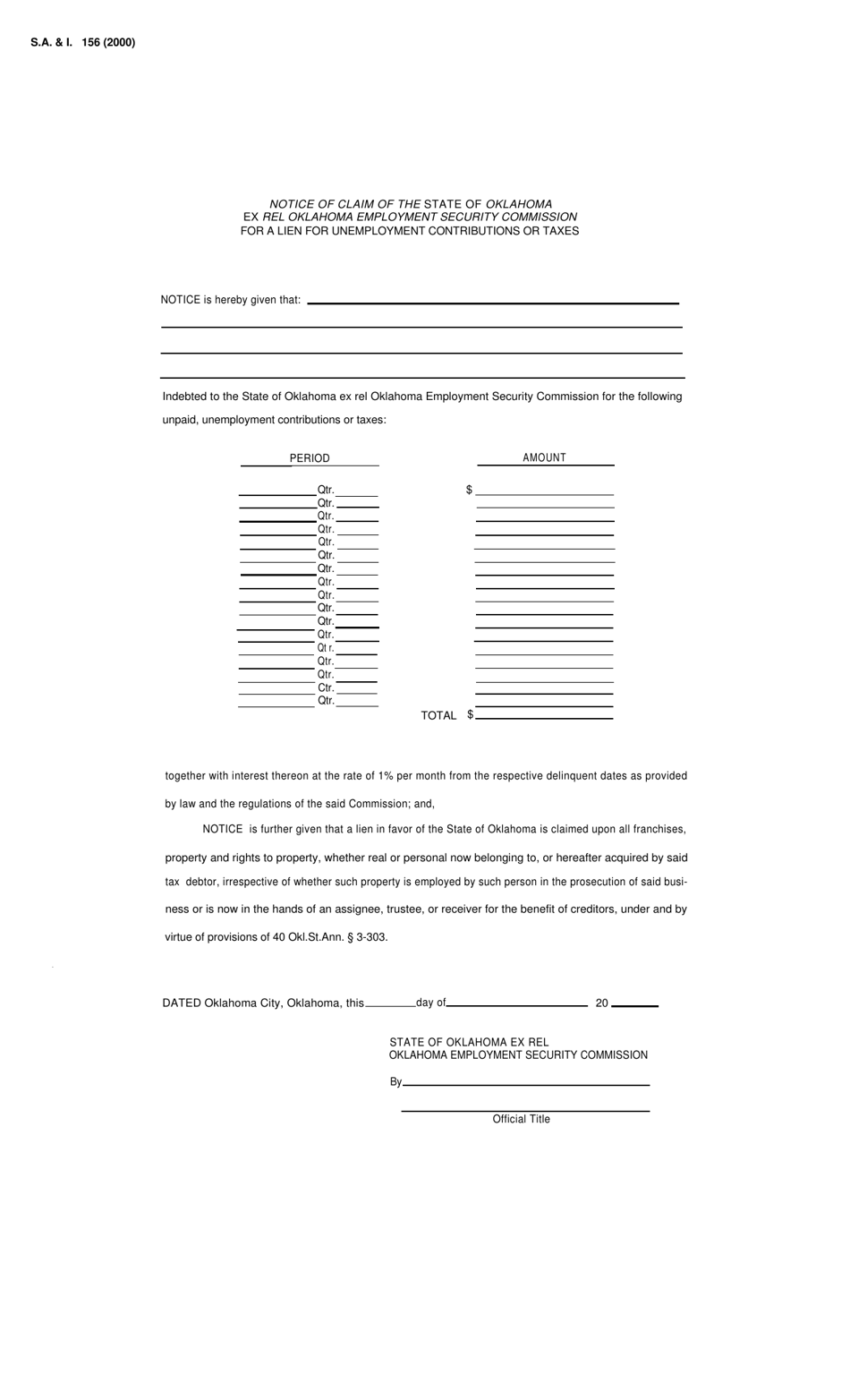 Form S.A. I.156 Notice of Claim of the State of Oklahoma for a Lien for Unemployment Contributions or Taxes - Oklahoma, Page 1