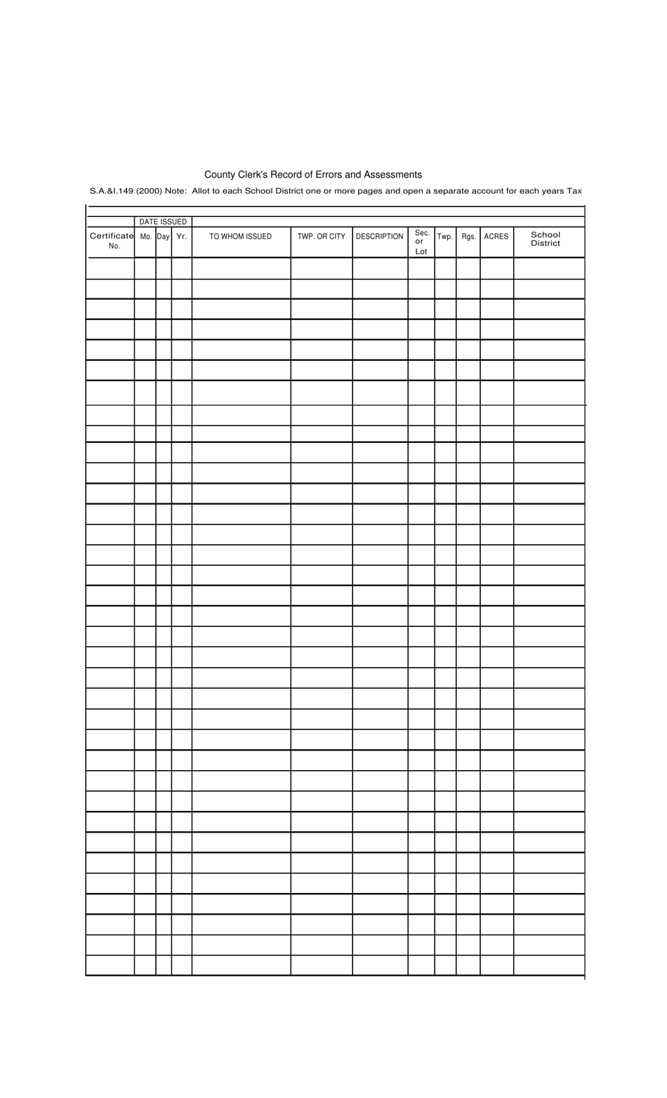 Form S.A. I.149 County Clerks Record of Errors and Assessments - Oklahoma, Page 1