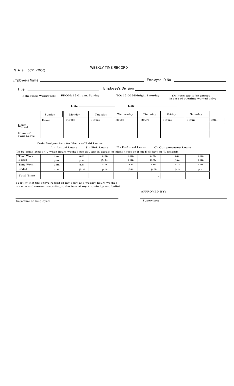 Form S.A. I.3651 Weekly Time Record - Oklahoma, Page 1