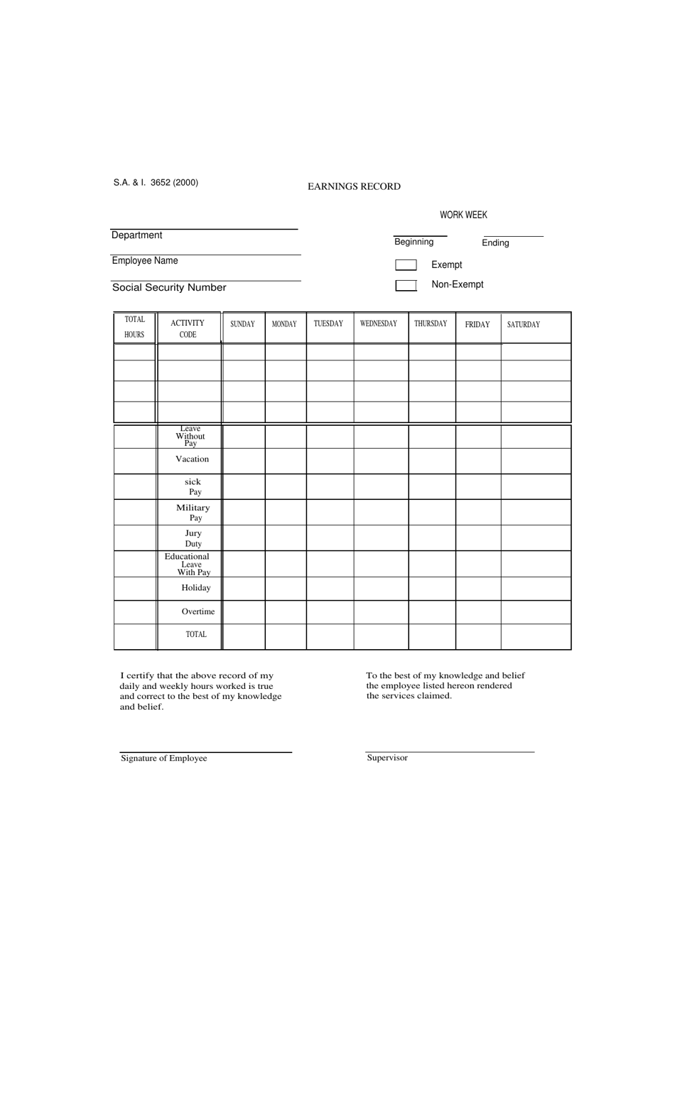 Form S.a.& I.3652 Download Fillable Pdf Or Fill Online Earnings Record 