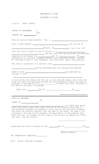 Form S.A.& I.4064 Mechanic's Lien Statement of Claim - Oklahoma