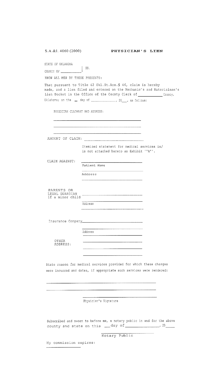 Form S.A. I.4060 Physicians Lien - Oklahoma, Page 1