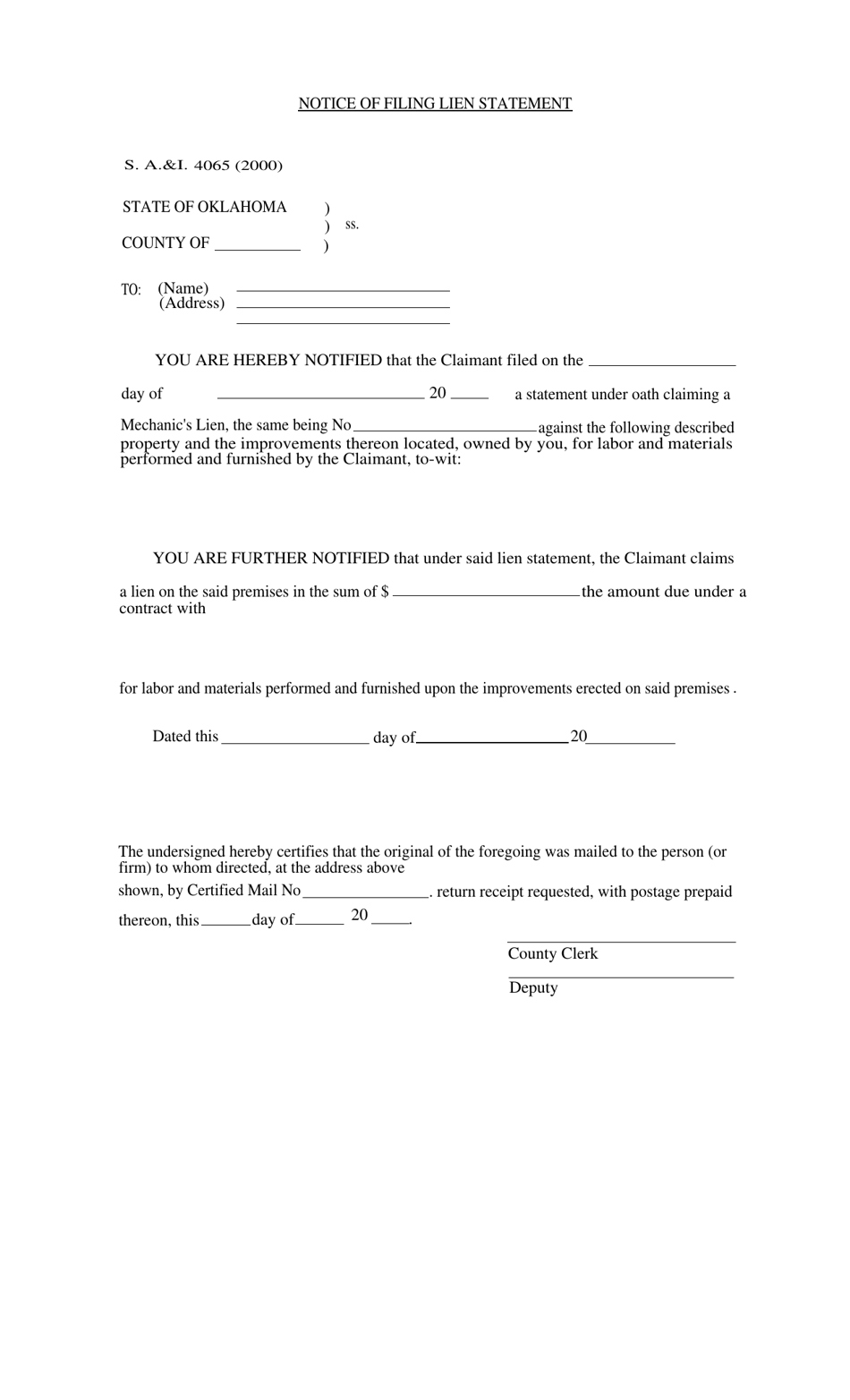 Form S.A. I.4065 Notice of Filing Lien Statement - Oklahoma, Page 1