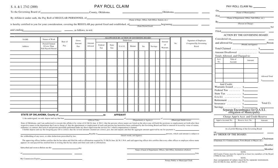 Form S.A. I.2742 Pay Roll Claim - Oklahoma, Page 1