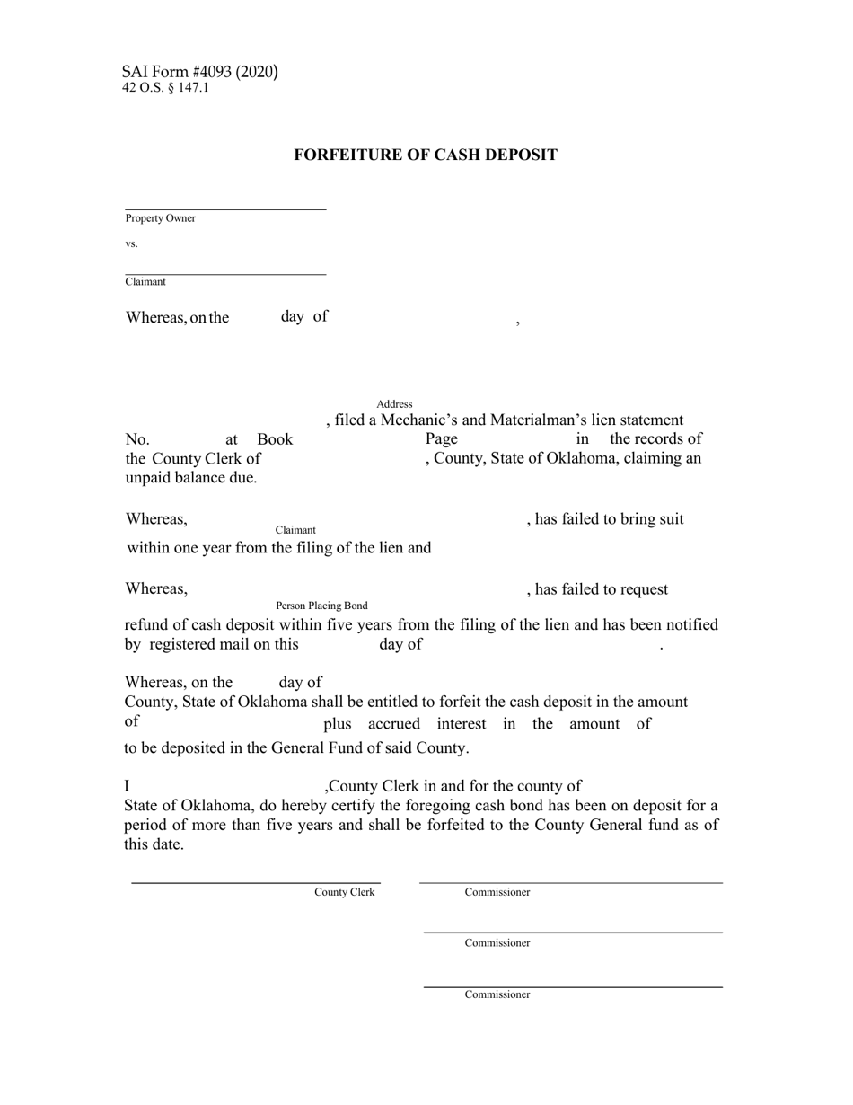 OSAI Form 4093 Forfeiture of Cash Deposit - Oklahoma, Page 1