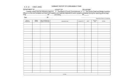 Document preview: Form S.A.& I.9003 Summary Report of Consumable Items - Oklahoma
