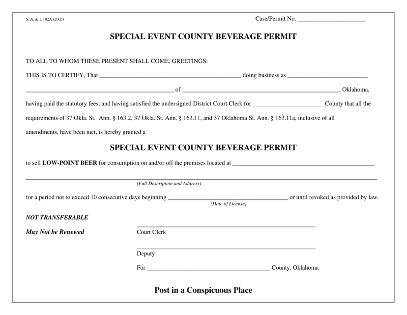 Form S.A.& I.192A Special Event County Beverage Permit - Oklahoma