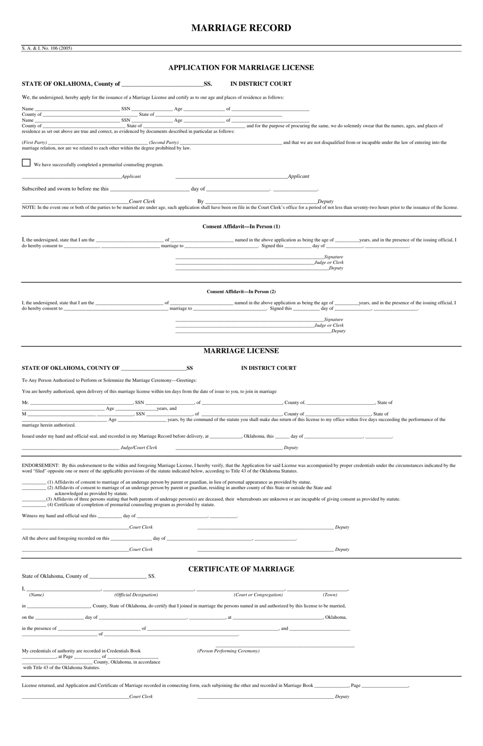 Form S.A. I.106 Marriage Record - Oklahoma, Page 1