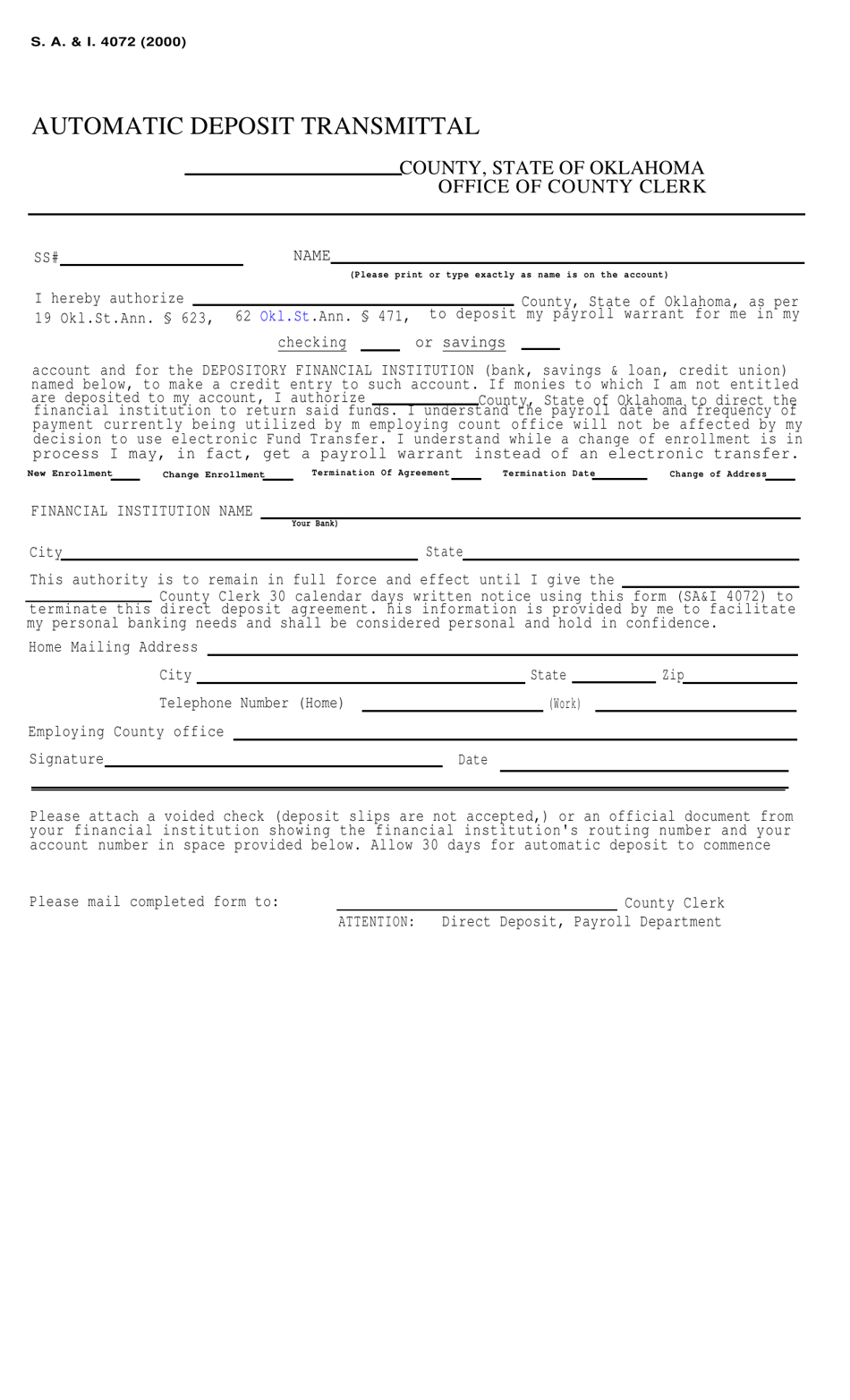 Form S.A. I.4072 Automatic Deposit Transmittal - Oklahoma, Page 1