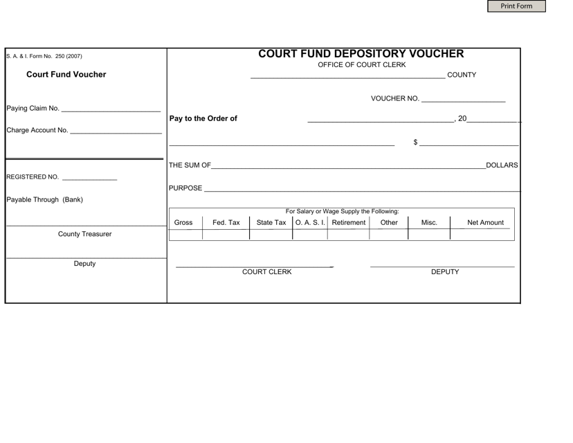 Form S.A.& I.250 Court Fund Depository Voucher - Oklahoma
