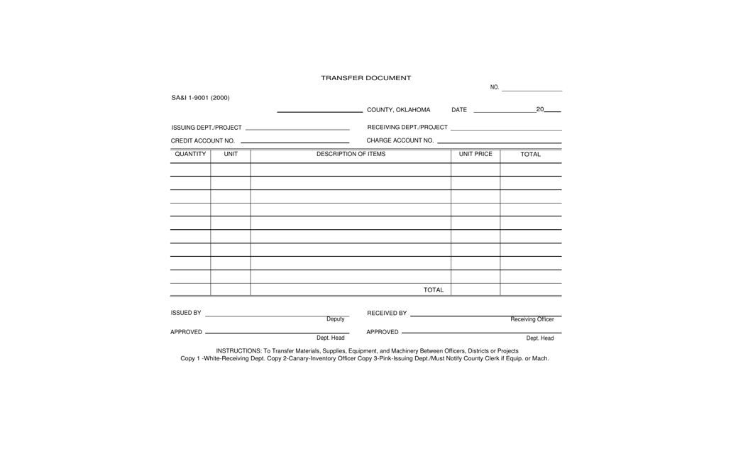 Form S.A.& I.9001 Transfer Document - Oklahoma