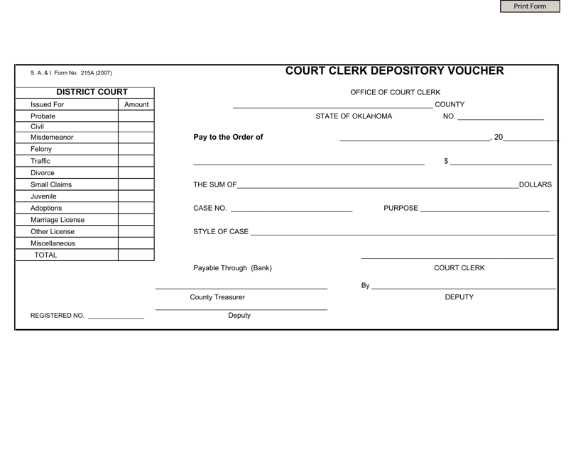 Form S.A.& I.215A Court Clerk Depository Voucher - Oklahoma