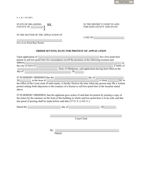 Form S.A.& I.189 Order Setting Date for Protest of Application - Oklahoma