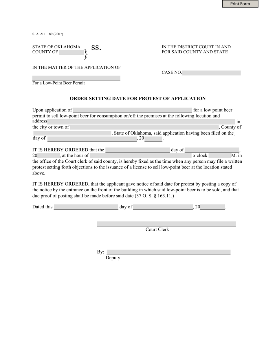 Form S.A. I.189 Order Setting Date for Protest of Application - Oklahoma, Page 1
