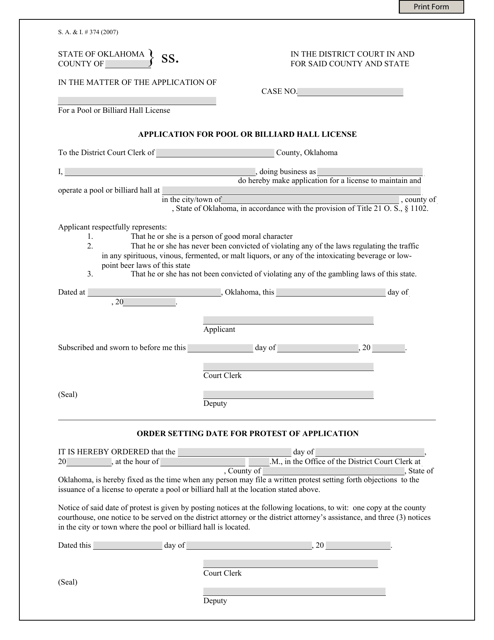Form S.A.& I.374 Application for Pool or Billiard Hall License - Oklahoma