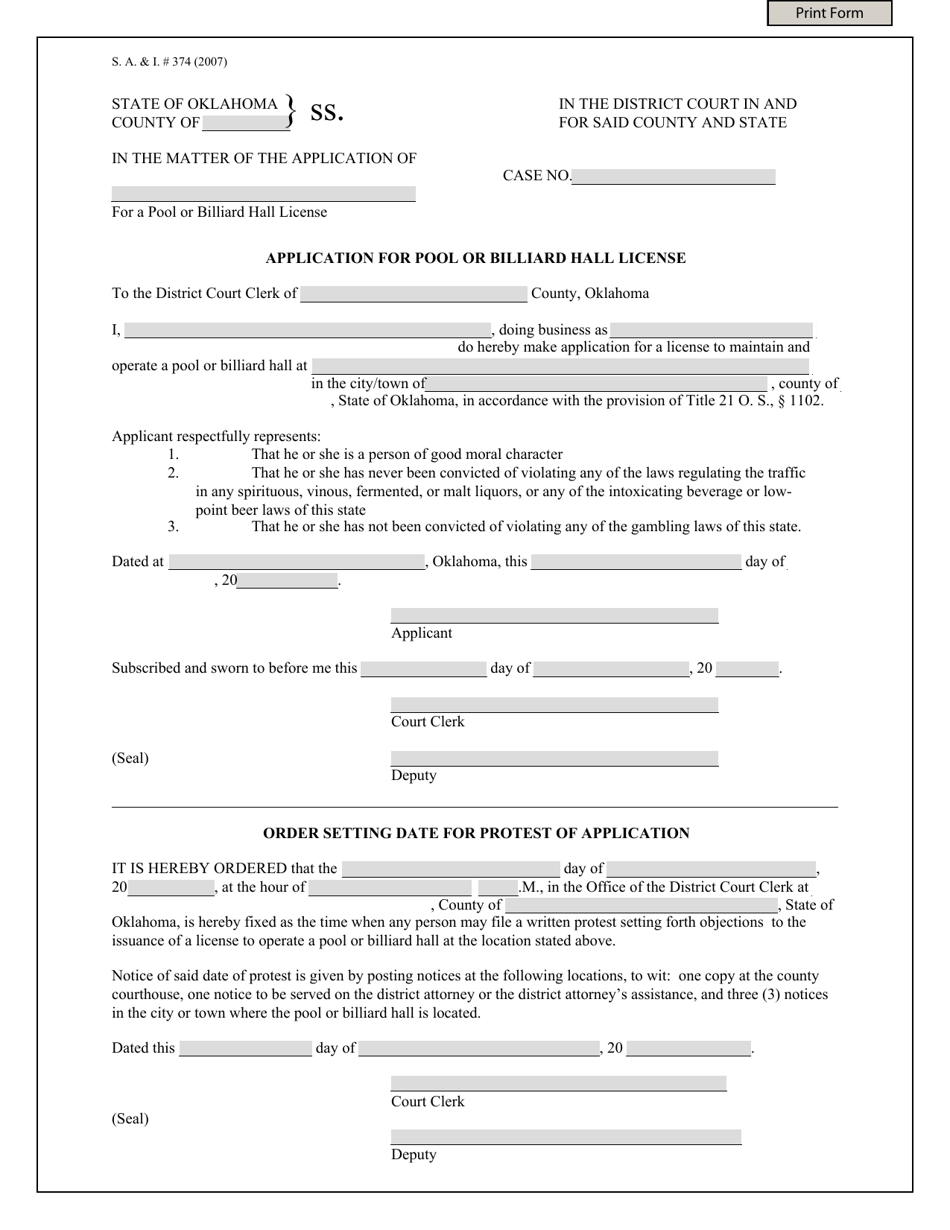 Form S.A. I.374 Application for Pool or Billiard Hall License - Oklahoma, Page 1