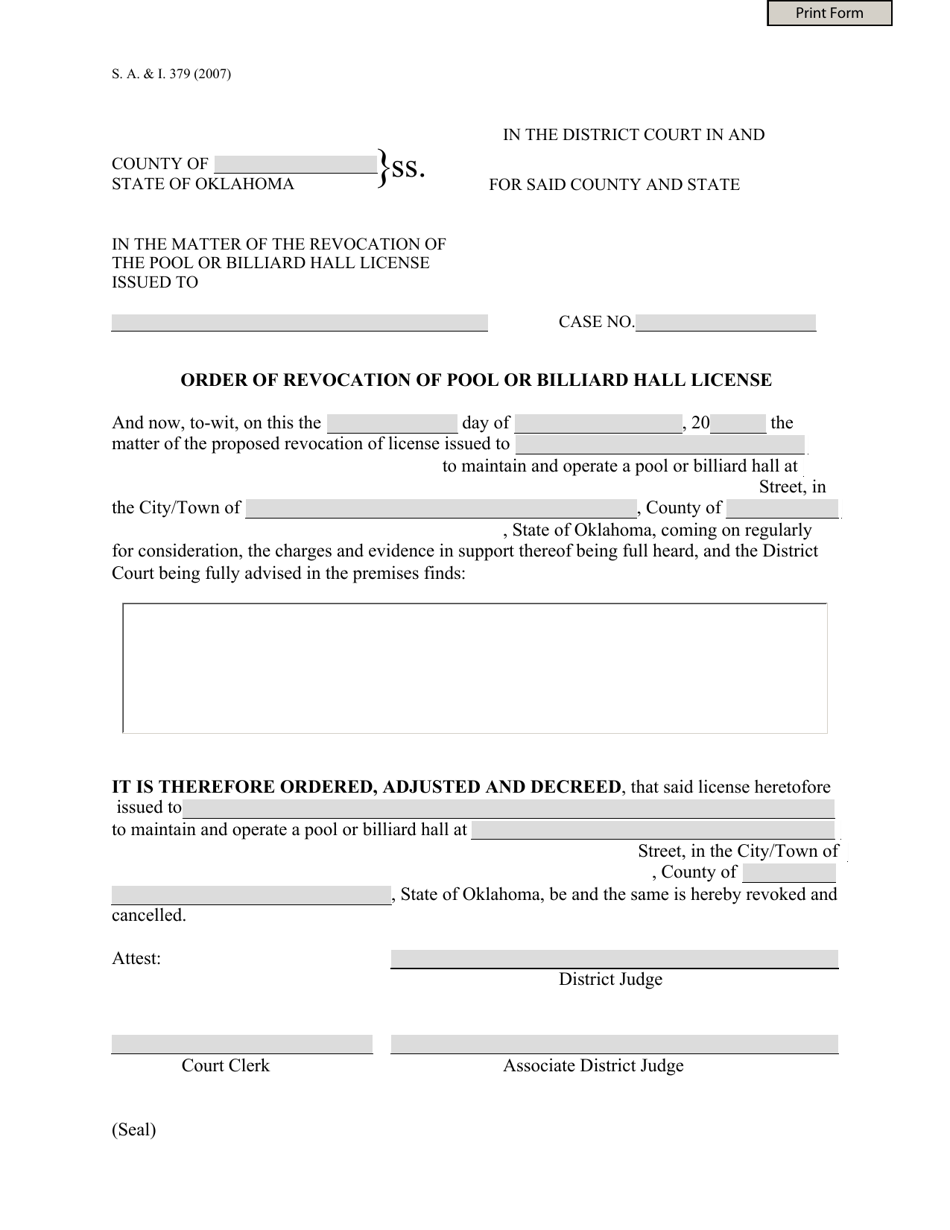 Form S.A. I.379 Order of Revocation of Pool or Billiard Hall License - Oklahoma, Page 1