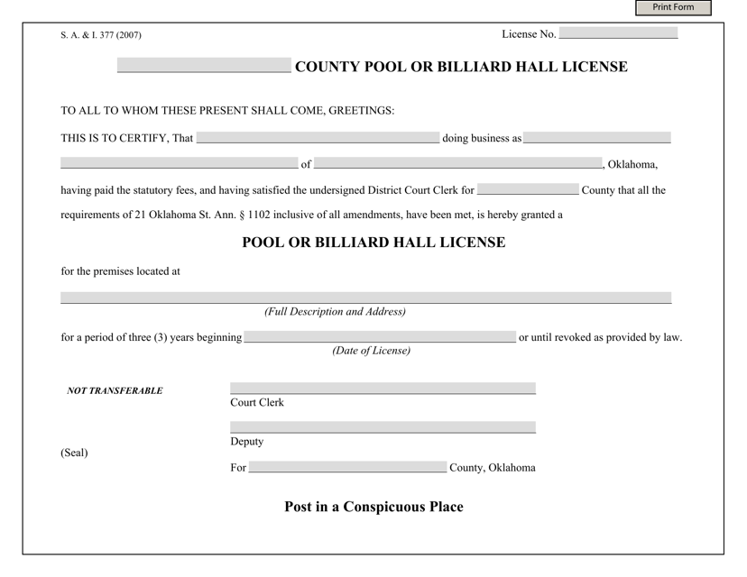 Form S.A.& I.377 Pool or Billiard Hall License - Oklahoma
